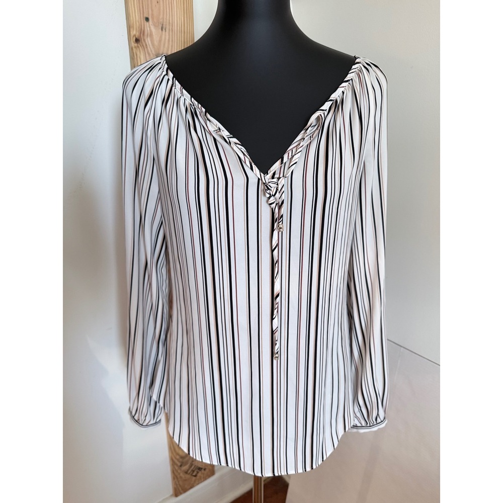 White House‎ Black Market Blouse Womens 0 White & Black Tan Striped Tie Neck Top